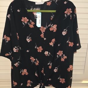 Lush Black and Pink Tie Front Blouse